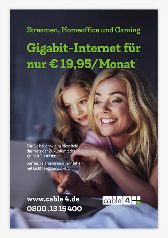 Cable 4 News: City-Light-Poster Gigabit-Internet im Rieselfeld
